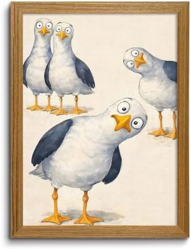 Framed Funny Seagull Wall Art Cute Bird Canvas Print Coastal wall Decor by ZMDDYSWallArt