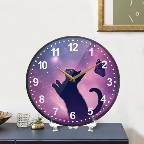 ALAZA Cat and Butterfly in Purple Galaxy Starry Wall Clock Battery Operated - Image 6