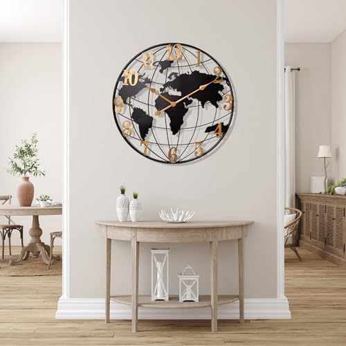 Large World Map Wall Clock Metal Minimalist Modern Round Silent Wall Decor - Image 4
