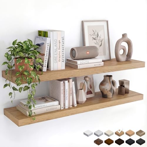 35.43in Oak Floating Shelves Set of 2, Wall Mounted by INHABITUNION