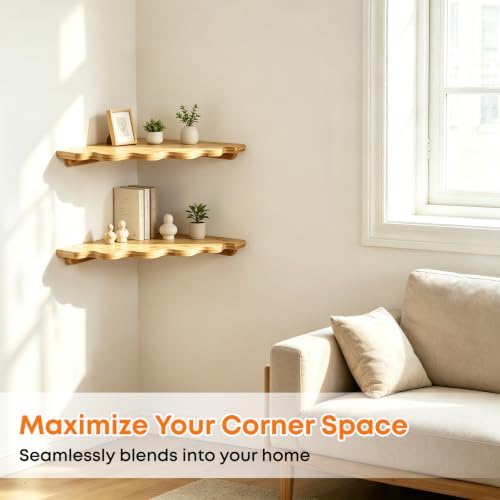 Fantasyon Corner Floating Shelf Wall Mount, Bamboo Wood Corner Hanging Shelves - Image 5