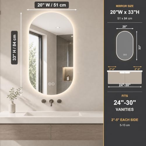 LAIYA 33X20in Oval LED Bathroom Mirror, Frameless Backlit Anti-Fog Dimmable - Image 2