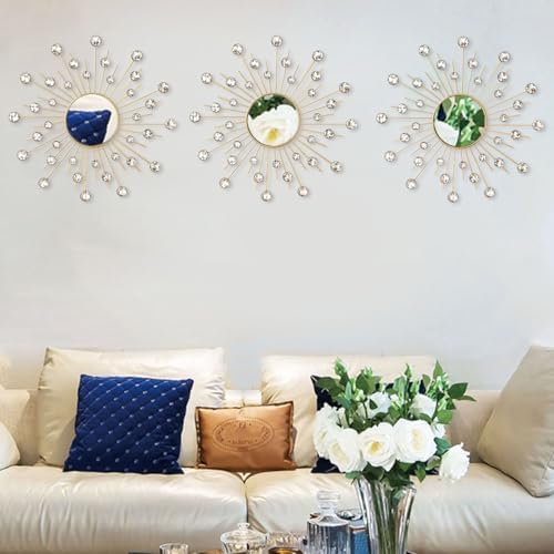 Uaussi 3 Pack Crystal Sunburst Wall Mirror Décor Rhinestone Mirrors Decorative - Image 2