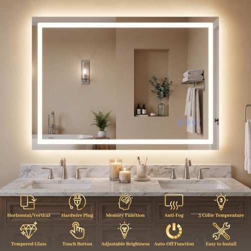 LED Bathroom Mirror with Lights 24"x36", Wall-Mounted Vanity Mirrors Front & - Image 5