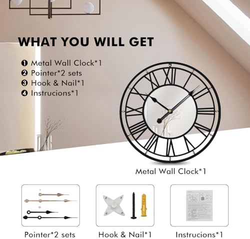Metal Wall Clocks Battery Operated Vintage Black Mirror Large Iron Wall Clock - Image 3