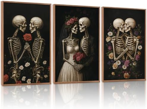 HLNIUC Halloween Rose Wedding Framed Wall Art, Vintage Skeleton Rose Canvas by HLNIUC