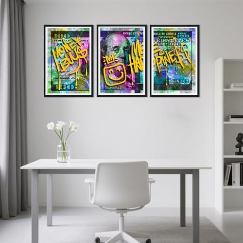 Black Framed Canvas Wall Art 100 Dollar Money Buy Me Happiness Painting 3 Panels - Image 4