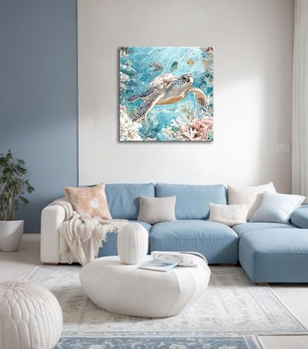 Sea Turtle Bathroom Wall Decor Ocean Theme Framed Canvas Wall Art Coastal - Image 3