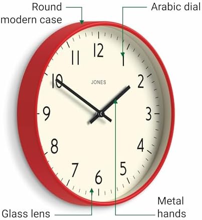 JONES CLOCKS® Studio Clock | Modern Round wall Clock | 12" | Red | Easy to Read - Image 5