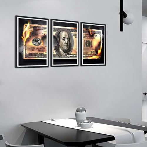 Modern Money Benjamin Franklin Canvas Wall Art Black Framed Painting 3 Panels - Image 3