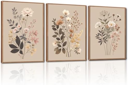 CHDITB Vintage Flower Framed Canvas Wall Art Set, Large Neutral Wildflowers by CHDITB