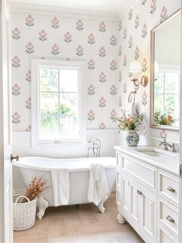 Safiyya Pink Floral Peel and Stick Wallpaper Striped Contact Paper Modern - Image 2
