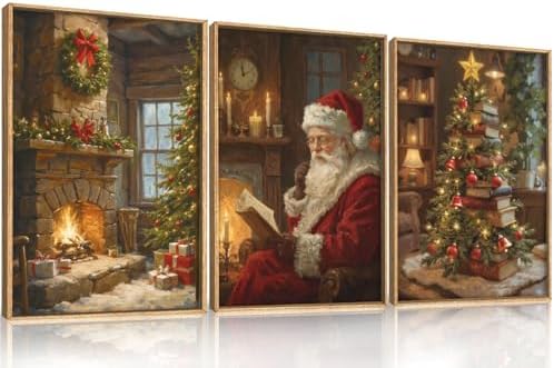 Large Vintage Christmas Framed Canvas Wall Art Set, Santa Reading Book Wall by Unknown