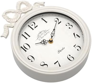 French Small Wall Clock with Bow, Vintage Ivory White Boho Style - Image 3