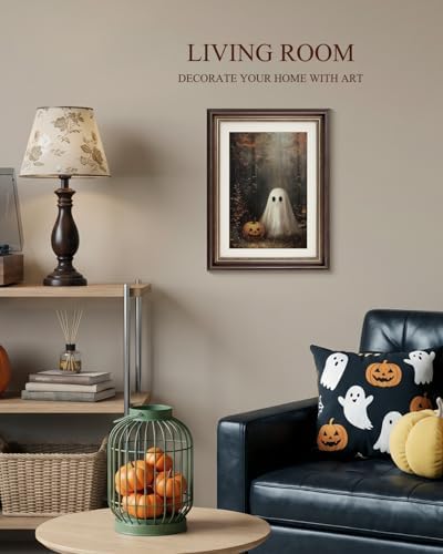 Vintage Fall Wall Art, Cute Halloween Ghost Brown Framed Canvas Picture - Image 3