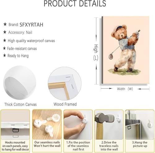 Teddy Bear Sports Nursery Animal Canvas Wall Art Cute Woodland Rugby Wall Decor - Image 5