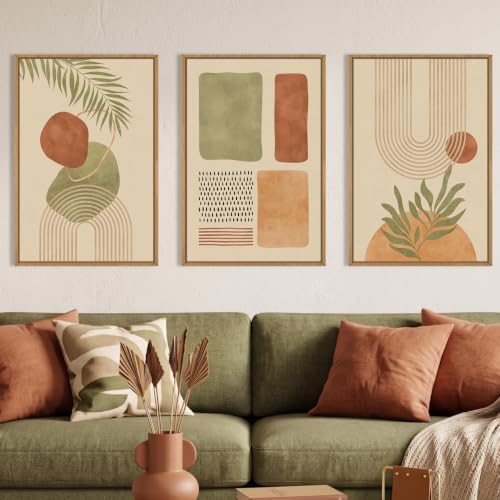 Large Boho Sage Green Framed Canvas Wall Art, Abstract Geometric Beige Wall by Unknown
