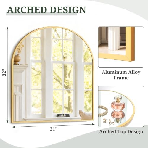 Arched Wall Mirror 32x31 Inch Gold Bathroom Vanity Mirror - Image 3