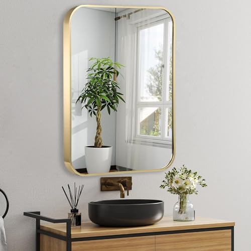 24x32 Inch Gold Bathroom Mirror, Brushed Brass Gold Metal Framed Rectangular - Image 2