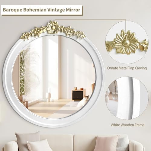 White Round Wood Mirror 28 Inch, Large Rustic Boho Coastal Wall Decor - Image 6