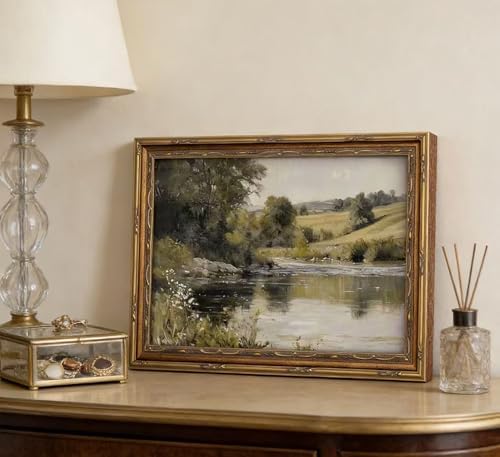 Vintage Gold Framed Wall Art Retro Rustic Farmhouse Green Nature Landscape - Image 3