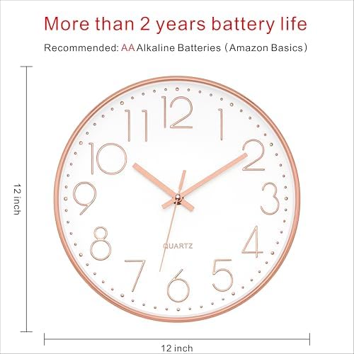 Foxtop 12" Modern Wall Clock Silent Battery Operated Rose Gold Clock - Image 3