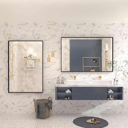 48x30 Inch Black Metal Framed Bathroom Mirror - Image 6