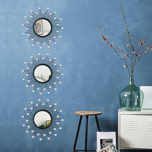 3 Pack Metal Mirrors for Wall Sunburst Wall Mirror Black Crystal Wall Art - Image 6