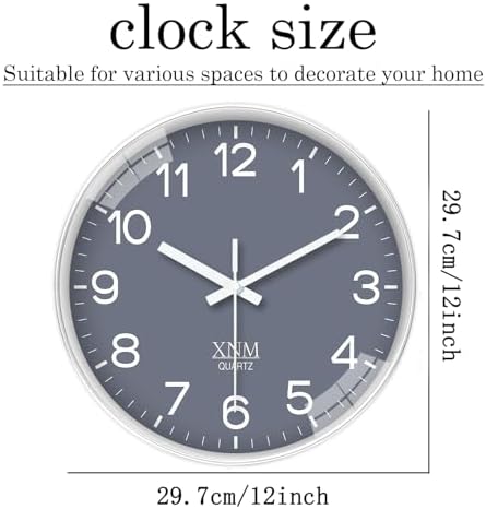 XNM 12 Inch Grey Minimalist Wall Clocks Battery Operated - Image 3