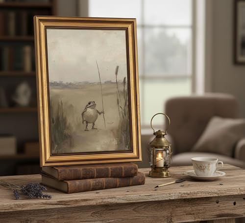 Vintage Gold Framed-Funny Whimsical Frog Traveler Wall Art, Eclectic Frog - Image 3