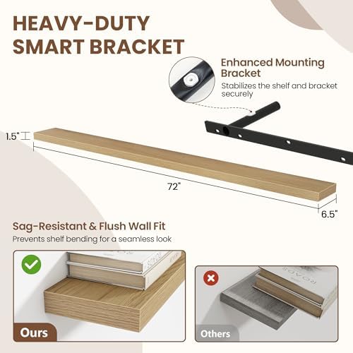 Acovy 72 Inch Floating Shelves for Wall 2 Pack, Wall Mounted Floating Shelf - Image 3
