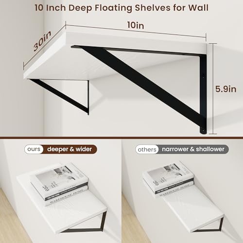 Axeman 30 Inch Floating Shelves, 10 Inch Deep White Wall Shelves Set of 2 - Image 3