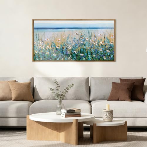 Large Blue Seaside Cyan Floral Wall Painting wildflower Blossom Art Framed - Image 2