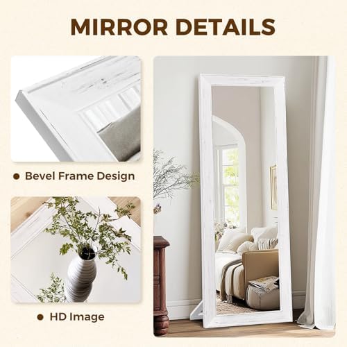 65x22in Full Length Mirror, Rustic White Beveled Wood Frame - Image 3
