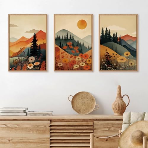 LHIUEM Large Boho Mountain Sunset Framed Canvas Wall Art Set, Pine Tree Flowers - Image 3