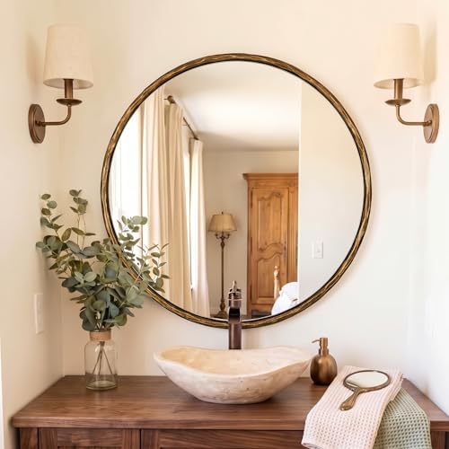 ANDY STAR Hand-Forged Round Gold Mirrors, 32 Inch Antique Brass Hammered Round by ANDYSTAR