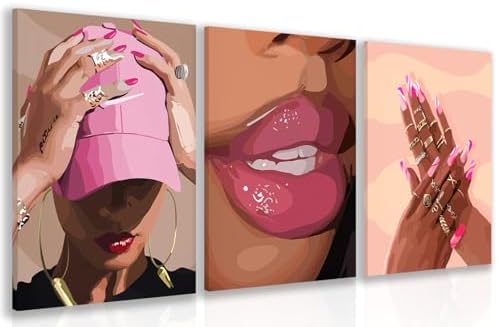 Hianan Wrapped Canvas Fashion Pink Black Girl Wall Art Set of 3, 12x16 in by Unknown