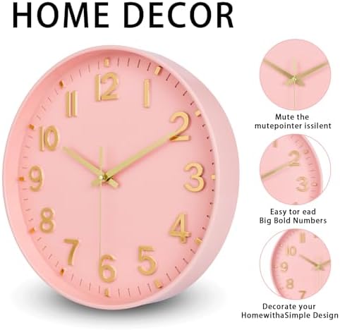 HZDHCLH 10 Inch Wall Clock Battery Operated Silent Non Ticking Pink Modern - Image 4