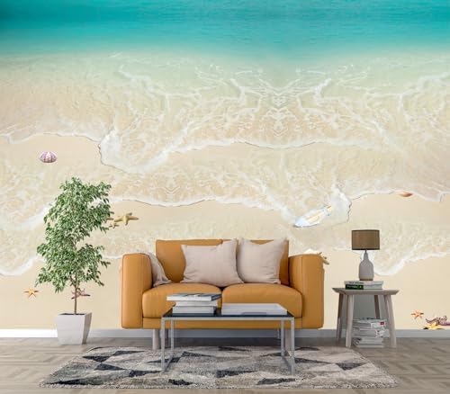Turquoise Ocean Beach Waves Sand Starfish Peel Stick Wallpaper by Cliouar