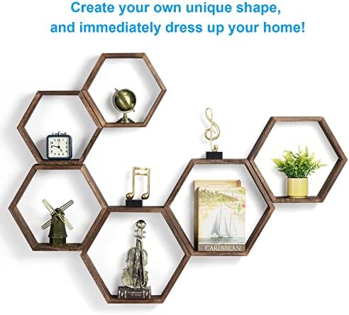 Hexagon Floating Shelves Set of 6 Farmhouse Honeycomb Wall Storage Shelf Wood - Image 4
