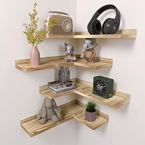 4 Tier Corner Floating Shelves Set of 4, Rustic Pine Wood Corner Shelves by Ecowillon