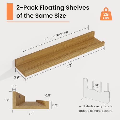 Picture Ledge Shelf, 20 inch Floating Shelves Set of 2, Oak Wood Shelf - Image 3