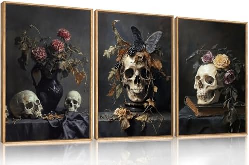 Large Vintage Skull Halloween Floral Framed Canvas Wall Art Set, Abstract - Image 6