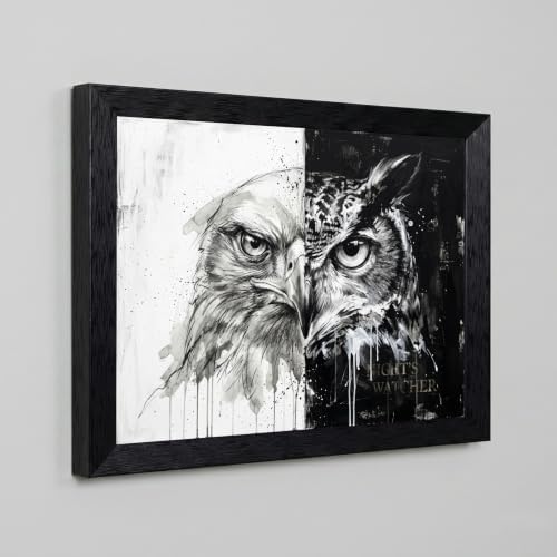 Framed Canvas Wall Art Monochrome Mixed Media Eagle and Owl Gritty Ink Wash - Image 5