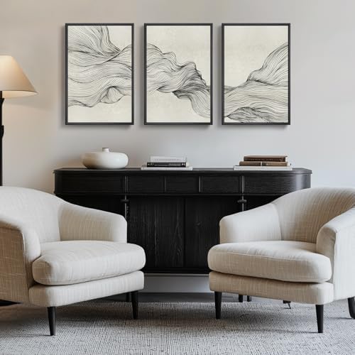 Framed Black and Beige Abstract Wall Art Set, 3 Piece Modern Canvas Prints by Cuspin