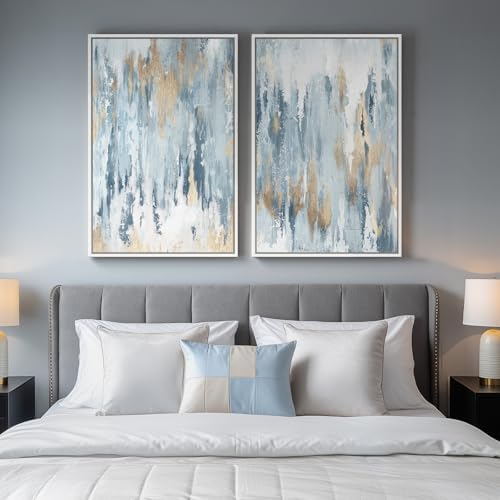 Large Framed Blue Gold Abstract Canvas Wall Art Decor Set of 2, 24x30 In - Image 4