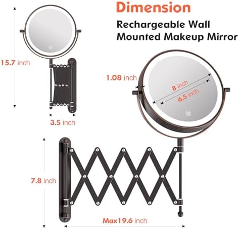 8" Rechargeable Wall Mounted Makeup Mirror Double Sided Magnifying - Image 4