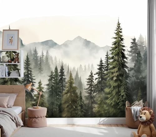 Serene Watercolor Misty Pine Forest Mountain Wallpaper - Image 2