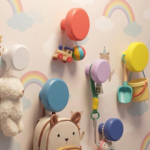 6 Pack Knobs Wall Coat Hooks for Kids Round Colorful Wood Adhesive Coat Circle by Otoolling