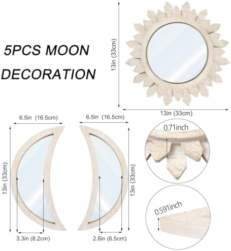 5 Pieces Moon Phase Mirror Wall-Mounted Wall Decor Mirrors Natural Wooden - Image 3